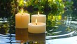 © BlueKey - Lit candles on water surface, rippled reflections, and blurred green background