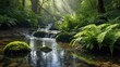© Tina - Serene forest stream with sunlight filtering through trees, showcasing lush ferns and mossy rocks