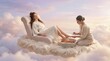 © Savindu - Dreamy floating spa moment with young woman relaxing in pastel clouds, glossy pedicure beauty, surreal self-care aesthetic and calm atmosphere
