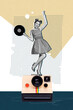 © deagreez - Vertical sketch 3d artwork collage poster of happy girl dance instant camera shooting hold vinyl disk weekend party chill relax