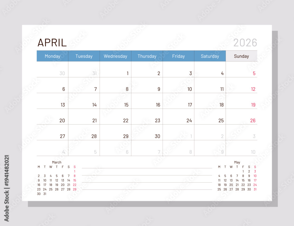 Calendar for April 2026 year. Week starts Monday. Planner calender ...