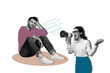 © deagreez - Composite photo collage of angry business girl boss hold megaphone dismissal lazy man colleague unproductive isolated on painted background