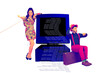 © deagreez - Composite photo collage of it specialist man shocked sit valise look wristwatch girl hold handset pc monitor isolated on painted background