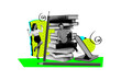 © deagreez - Composite creative art collage of two happy girl guy university students book stack education exam library isolated on painted background
