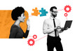 © deagreez - Composite artwork collage image picture of people speak puzzle pieces cogwheel laptop isolated on creative background