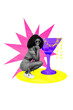 © deagreez - Vertical photo collage of happy american girl wear sunglass stand martini glass drink party celebration isolated on painted background