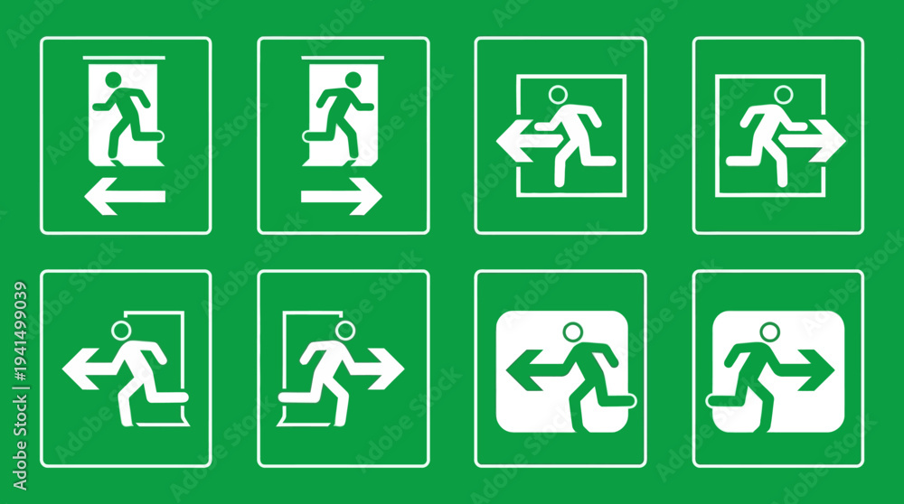 Emergency Run Sign Collection of green emergency exit signs featuring running figures and ...