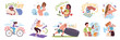 © ssstocker - People healthy lifestyle. Health habits daily routine, mental wellness morning sport exercise drink water sleep food nutrition hygiene man woman schedule classy vector illustration