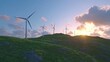 © MyStockz - Wind farm on rolling green hills at sunset with multiple turbines generating renewable energy.