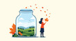 © Apon - Whimsical illustration of a woman placing autumn maple leaves into a large glass jar that contains a beautiful mountain landscape.
