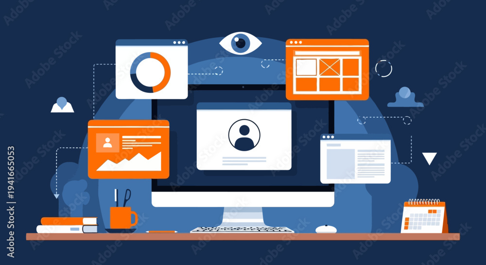 Computer monitor displaying various data windows and user interface ...