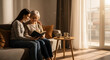 © Lucianastudio - Daughter reading book with mother on sofa in living room with sunlight