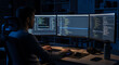 © Indra - Programmer working late at night on multiple computer screens displaying code