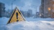 © CuteBee - A snow-covered yellow triangular warning sign with a black exclamation mark sits firmly planted in a deep pile of fresh snow on a cold winter day.