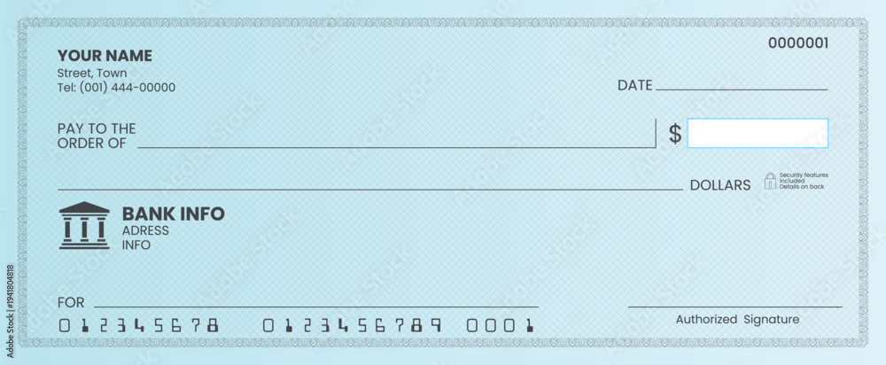 Printable bank cheque mockup. Stock Vector | Adobe Stock