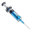 © Stunnig Graphics - Medical syringe with blue liquid, ultra realistic clinical product photography, glass reflections, sharp detail, sterile healthcare stock style, Isolated to Transparent Background