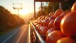 © Pete - Fruits loaded on transport truck move along road at sunset. Orange produce on vehicle travels toward destination. Sunlight illuminates fresh harvest on truck bed.