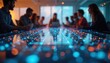 © Pete - Diverse team collaborates around futuristic boardroom table with glowing digital network overlay. People discuss ideas, plan projects, share data in modern office.