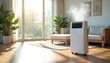 © Pete - White portable air conditioner blows cool air inside bright modern living room on a sunny summer day. Plants and furniture create a comfortable home atmosphere. Unit is on wheels for easy mobility.