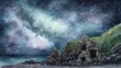 © decorator - Mystical coastal cave ruins bathed in starlight a serene watercolor landscape illustration