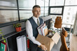 © be free - Business man packing stuff empty office. Last day at work. Upset office worker fired. Fired and unemployment with business man. Job loss. Fired jobless employee. Unemployment crisis of man dismissed