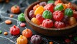 © Pete - Bowl full of colorful Halloween pumpkin candies. Small sugar-dusted sweets on dark web patterned background. Festive treats ready for trick-or-treaters, offering a sweet celebration.