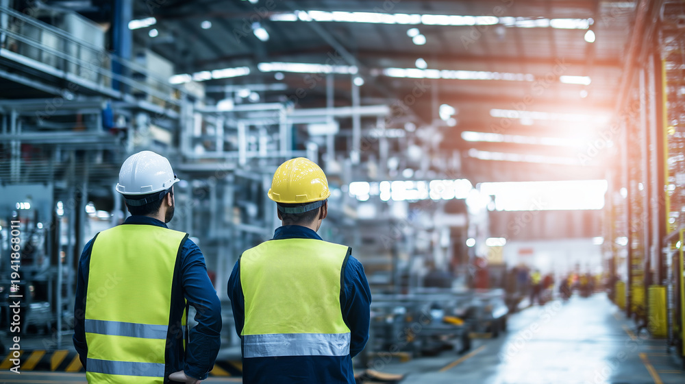 Line Supervisor Factory Factory supervisors wearing safety helmets and safety vests observing ...