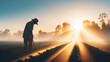 © Bonsales - Farmer working in crop rows at sunrise, cultivating land, embodying dedication to agriculture and growth
