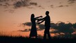 © Victoriia - Love story happy family. Couple in love meets in nature. Silhouettes man woman walking toward each other, loving couple embracing at sunset, slow motion. Romantic date happy couple in park. People
