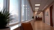 © Thares2020 - Modern office hallway with bright  warm wood floors a chair and a distant figure in a professional setting