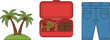© Mohammad - Tropical palm trees island, lunch box with spaghetti and cookies, and blue denim jeans illustration set for travel, food and fashion concept