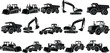 © Hafeza - Silhouettes of construction vehicles, bulldozers, dump trucks, excavators, graders, tractors, heavy machinery equipment, industrial machines, vector illustration, black icons