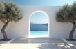 © Viktor - White archway opens to blue sea and sky view. Infinity pool reflects clear water. Olive trees frame bright sunny patio. Peaceful vacation setting.