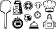 © DesignVectX - Black and white kitchen utensils vector set including wooden spoon grater tomato mushroom cooking timer chef hat apron and cloche icons
