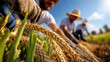 © syhin_stas - Farmer inspecting golden wheat crops in a sunny field, symbolizing hard work, dedication, and the sustainable future of agriculture and food production, with other workers in the background
