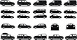 © Khaleda Creative - Vehicle silhouettes, car vector set, SUV sedan van truck convertible hatchback, black automotive illustration, transport icons, side view, automobile collection