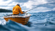 © syhin_stas - Fisherman standing on a small boat, holding a fishing rod over the water, actively engaged in recreational sport fishing on the open sea under a bright sky