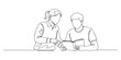 © Haus - Continuous one line of a two students discussing while pointing at textbooks, depicting group, collaborative and communicative learning, drawn illustration.