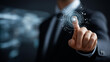 © Laura - Faceless confident businessman demonstrating agility with digital interface, dynamic business solutions showcase, innovative tech with forward-thinking mindset, with copy space
