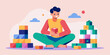 © Iryna - Adult enjoying playful building blocks representing kidult lifestyle creativity nostalgia and playful hobbies flat vector illustration