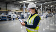 © Oleksandr - Confident female engineer in hard hat and safety vest uses digital tablet to monitor factory operations, showcasing modern industrial technology and efficiency