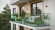 © Hamster - Modern balcony with comfortable sofa and potted plant in apartment building. Cozy exterior terrace furniture design for relaxing outdoor space. Scandinavian home architecture concept.