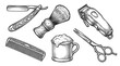 © Dr. Click - Barber shop tools and accessories arranged neatly on a clean surface from a top-down viewpoint with grooming equipment