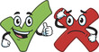 © MstSharifa - Funny cartoon illustration of a green tick mark giving a thumbs up and a red cross mark looking confused