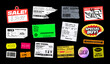 © SergeyBitos - Realistic Price Tag Stickers with crumpled, torn, wrinkled effects. Assorted paper tags and labels, payment receipt, information tag, sale stickers with price. Retail packaging design. Vector set
