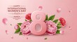 © RUMANA AKTER - Editable Happy International Women’s Day Social Media Post Set with 3D Number 8 March and Decorative Flowers on Pink Background.