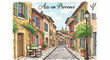 © Sintya - Malownicza ilustracja wąskiej uliczki Aix-en-Provence z kolorowymi kamienicami, brukowaną drogą i kawiarnianym stolikiem, oddająca urok południowej Francji.