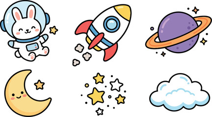  Cute cartoon astronaut bunny with smiling moon crescent and colorful rocket ship flying with purple ringed planet stars and fluffy cloud vector illustration