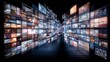 © panumas - Large screen with many images on it. The images are all different sizes and colors. Scene is chaotic and busy