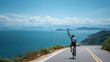 © rabbit75_fot - Cardio sports cycling biking exercise training, healthy lifestyle. A man riding a bicycle down a winding road, surrounded by lush greenery and a tranquil body of water. The sky is a brilliant blue.